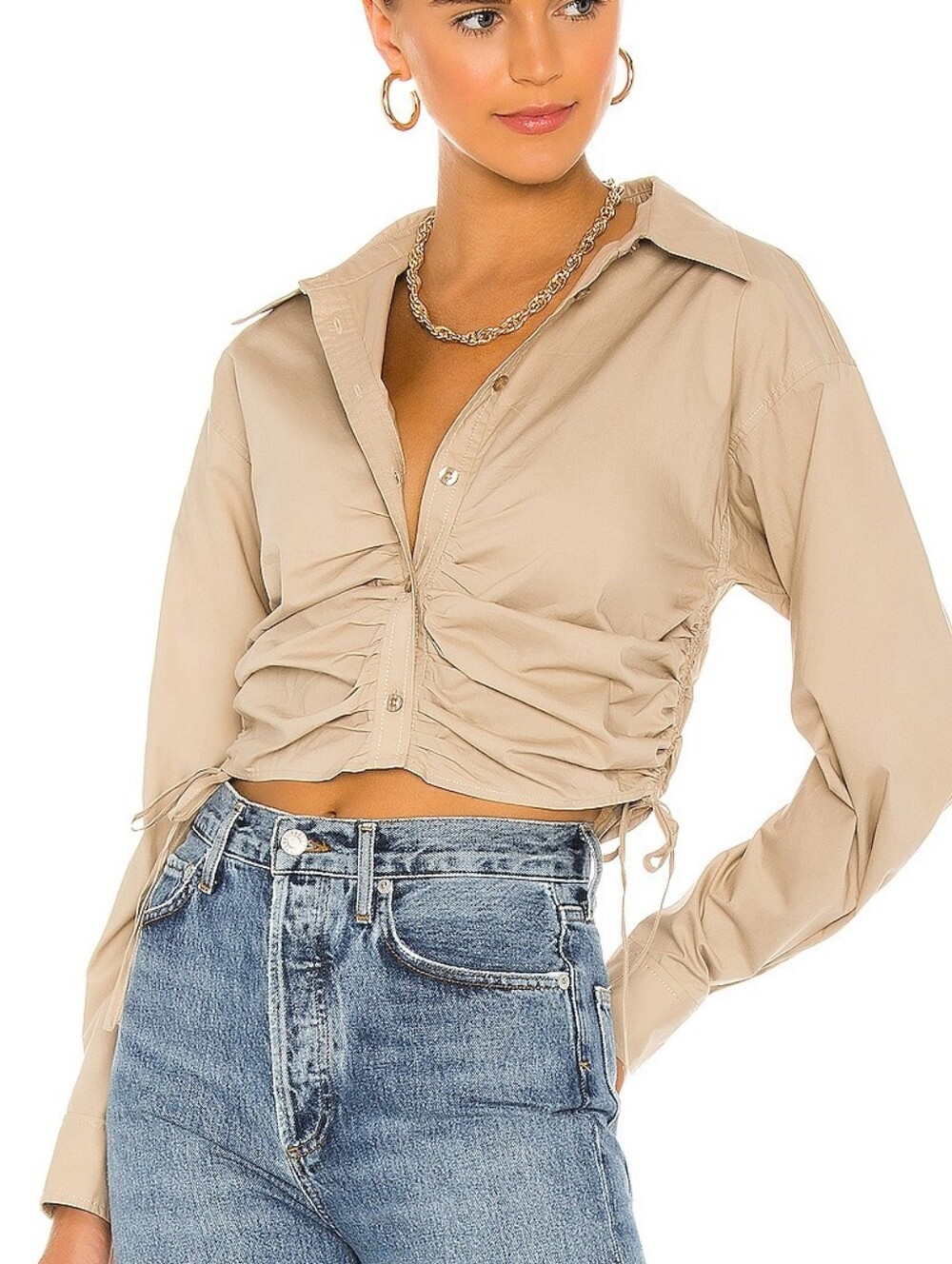 L'Academie Beige Ruched Button-Front Shirt